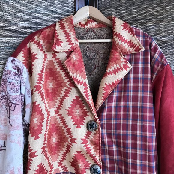 Upcycled Tapestry Coat M - L: Handmade Lined Southwestern Aztec Patchwork Jacket - Picture 6 of 16